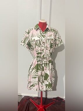 Loft Island Frond Button Up Tropical Leaf Print Mini Dress size small